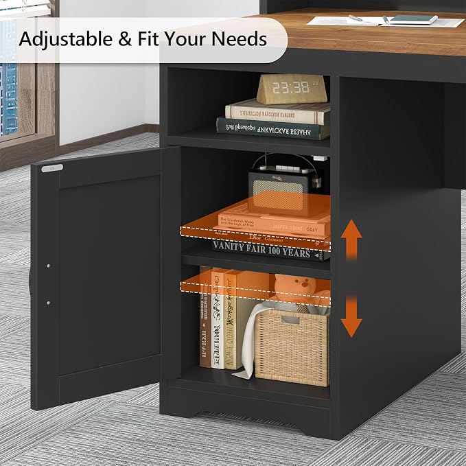 TVU Farmhouse Computer Desk with Drawers, 65'' Home Office Desk with Power Outlets, Storage Cabinet and Printer Stand, Study Writing Desks with Long Monitor Stand, Brown and Black