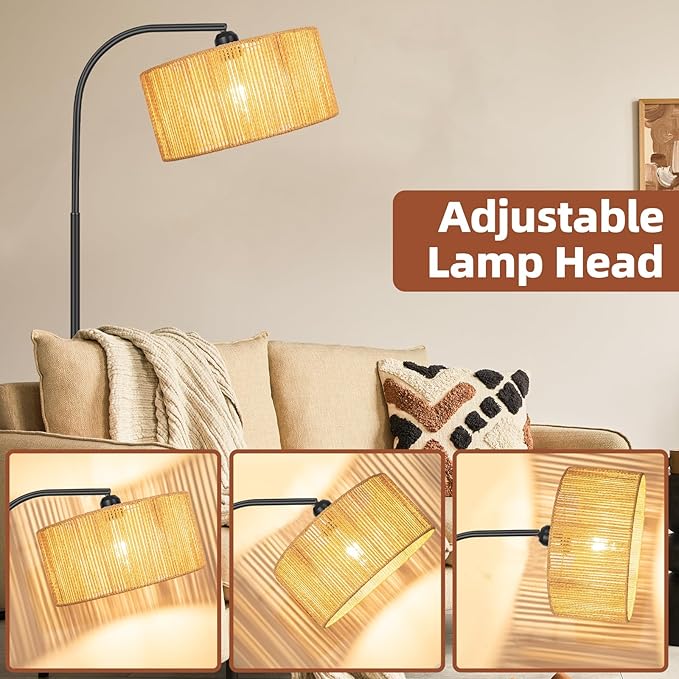 Boho Standing Lamp with Dimmable Bulb Nartual Rattan Adjustable Lampshade, Black Modern Farmhouse Rattan Floor Lamp for Living Room, Bedroom, Office, Classroom