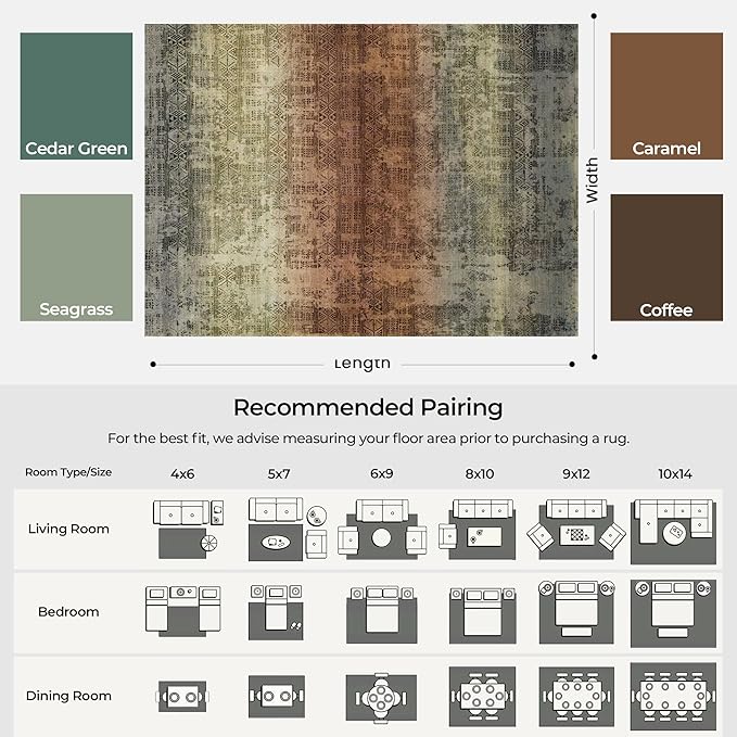 Kokia Abstract Area Rugs Washable Indoor 6x9 Rug Boho Distressed Retro Low Pile Non-Slip Non-Shedding Carpet Bedroom Living Room Dining Room, Warm Brown and Dark Sage Green