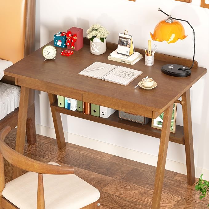 Solid Wooden Desk with Drawers & Shelf - 40 x 24 Inch Mid Century Modern Desks, Writing Desk with Drawers & Hooks, Vintage Work Study Table, Home Office Computer Desks for Any Spaces