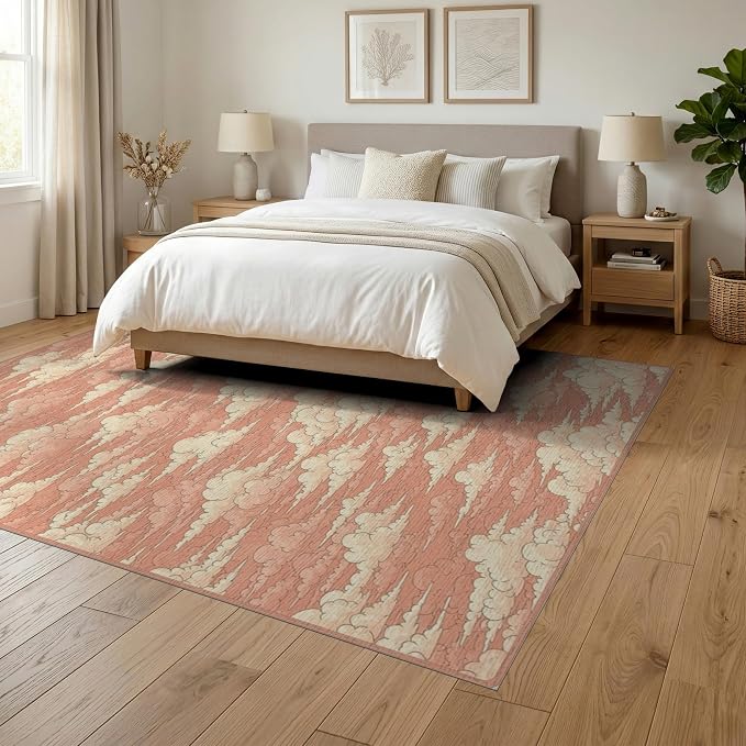 6'x9' Washable Graphic Abstract Area Rug, Cream Non-Shedding Pet Friendly Room Rug for Queen Size Bedroom, Under Bed, Master Suite, Foldable Easy Care Carpet | Ref:2208262