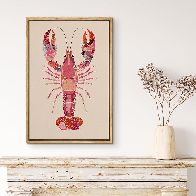 MUDECOR Framed Canvas Print Wall Art Pink Pattern Lobster Coastal Marine Animal Illustrations Minimalism Decorative Bohemian Colorful Zen for Living Room, Bedroom, Office - 24"x36" NATURAL