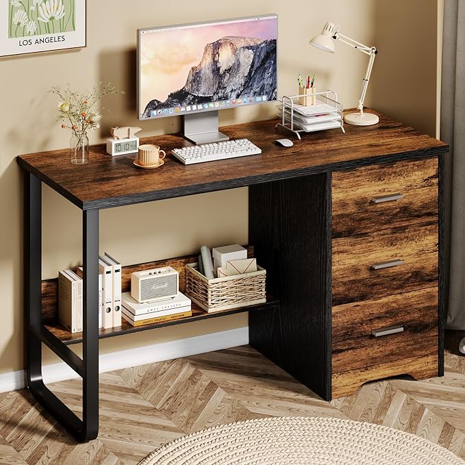 MaverickFurni Small Computer Desk with Drawers, 47 Inch Home Office Desk with 3 Drawers & Bottom Shelves, Study Desk with Storage for Bedroom, Writing and Work, Black and Brown