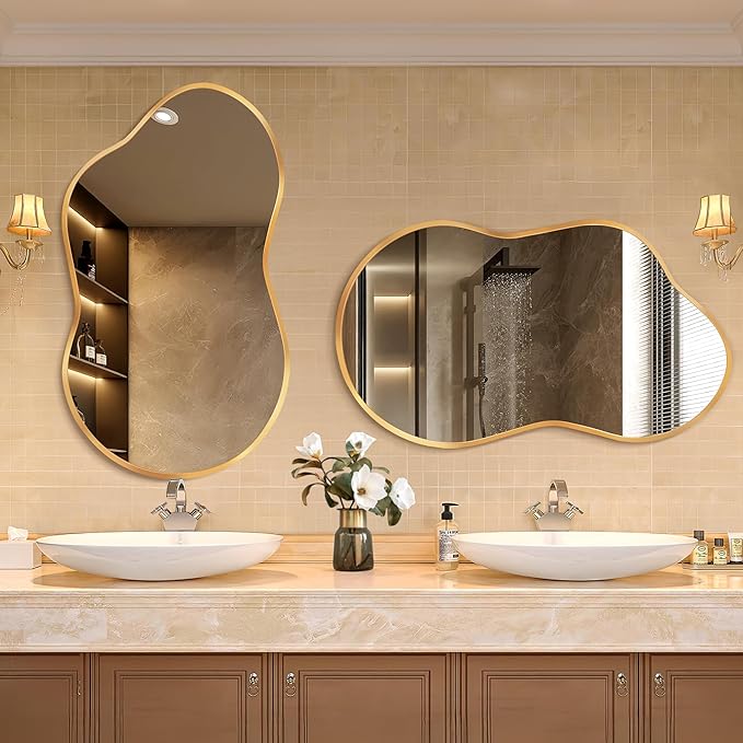 Irregular Wall Mirror - Wall Mirrors Decorative 20"x36" Gold Asymmetrical Mirror Tempered Glass Aviation Aluminum Alloy Frame for Bathroom, Bedroom, Living Room, Cloakroom, Entryway