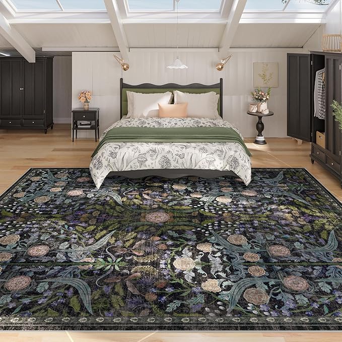 AMTOVO 9x12 Washable Area Rugs for Living Room, Non-Slip&Non-Shedding Floral Large Soft Boho Vintage Print Carpet for Bedroom Girls Room Dorm Dining Room Farmhouse Nursery Home Office, Black
