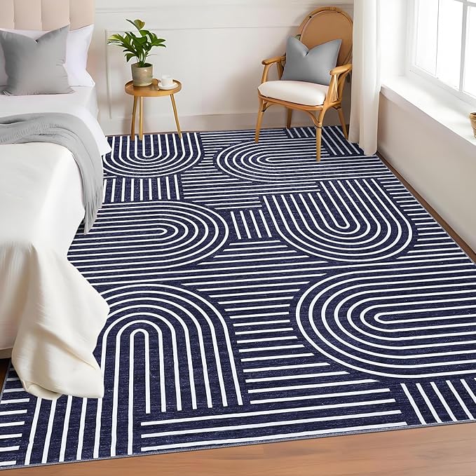 Washable Rug 4x6 Area Rugs for Living Room, Abstract Rug for Bedroom, Soft Rainbow Non Slip Throw Rugs with Rubber Back, Low Pile Stain Resistant Boho Geometric Carpet for Dining Room, Blue