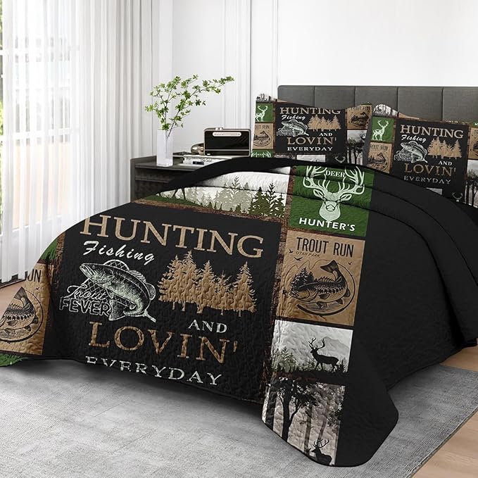 Pamnest Quilt Set King Size, Cabin Deer Animal Tree 3 Pcs Soft Bed Cover Bedding Set for Kids and Adults, Rustic Mountains Gray Lightweight Bedspread Coverlet with Pillow Sham for All Season