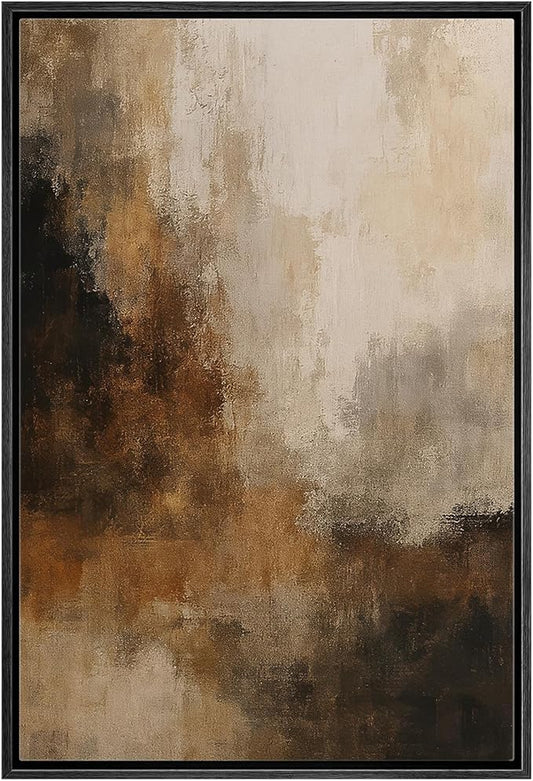 MUDECOR Framed Canvas Print Wall Art Rustic Brown Neutral Abstract Contemporary Minimalist Illustrations Fine Art Decorative Zen Multicolor Country/Farmhouse Retro for Bedroom - 24"x36" BLACK