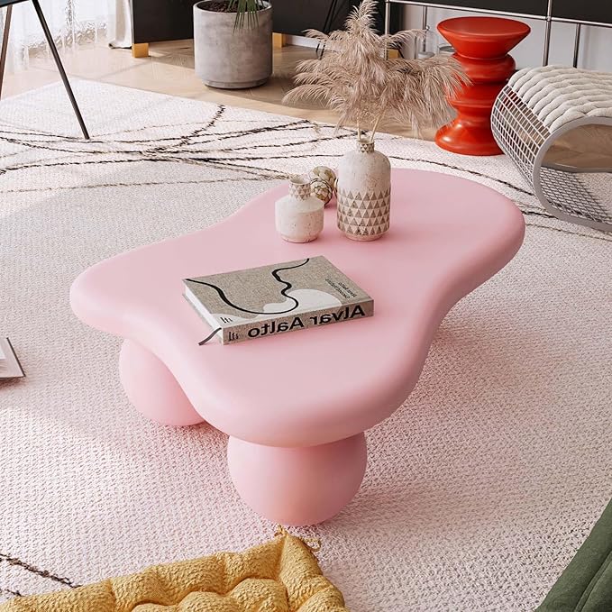 47" Modern Coffee Table Cloud Shape Low Center Table Cute Irregular Indoor Tea Table with 3 Ball Legs for Living Room Apartment