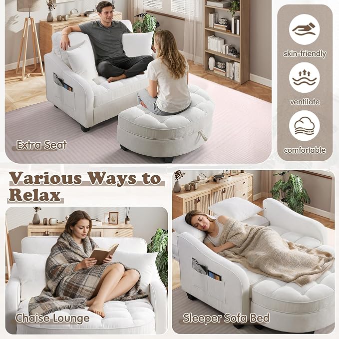 Oversized Chaise Lounge Chair Indoor with Ottoman, Chenille Tufted Comfy Loveseat Sofa Chair with Adjustable Backrest, Fluffy Recliner Sofa, Convertible Sleeper Couch Bed for Living Room(51"W, Beige)