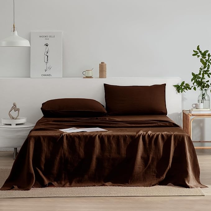 EVERLY Linen Sheets Set King Size,100% French Stonewash Pure Linen Bed Sheets,4Pieces (1Flat Sheet,1Fitted Sheet,2Pillowcase) Suitable for Hot Sleepers,Deep Pocket Natural Bedding Set-Chocolate