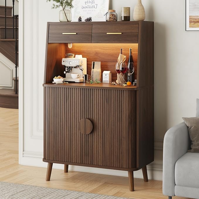 Decofy 47.2" Sideboard Buffet Cabinet with LED Light & Sliding Door, Modern Storage Cabinet with Adjustable Shelf &2 Drawers, Coffee Bar for Kitchen, Entryway(Oak) (Walnut)