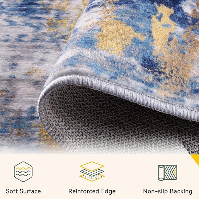 Washable Area Rugs 2'x8' Non-Slip Modern Abstract Soft for Living Room Entryway Bedroom Nursery, Print Pattern, Grey Blue Gold/Golden