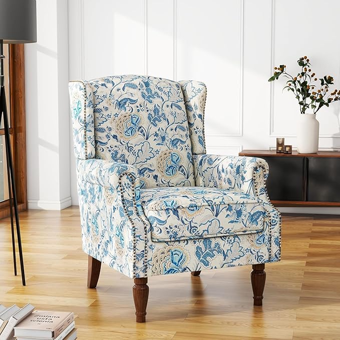 High Back Accent Chairs Set of 2, Floral Wingback Chair Fabric Upholstered Armchair for Living Room, Nailhead Trim Single Sofa Bedroom Reading Seat - Boho Blue