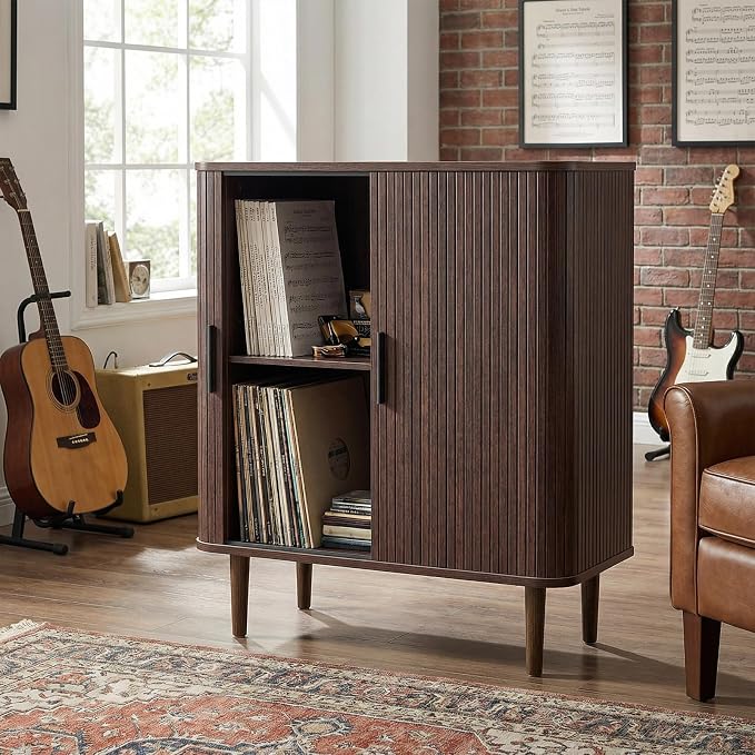 AKMAKM 35" Fluted Accent Buffet Cabinet, Walnut Small Storage Sideboard with Sliding Door, Mid Century Modern Credenza with Solid Wood Leg, Wine Coffee Bar Console Table for Kitchen, Entryway, Living