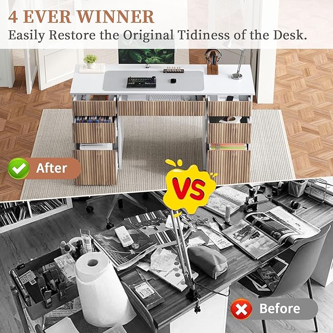 4 EVER WINNER 58 Inch White Desk with Drawers, Home Office Desks with 7 Storage Drawers, Executive Desk with File Cabinet for Bedroom Study Work Table Writing, White and Walnut