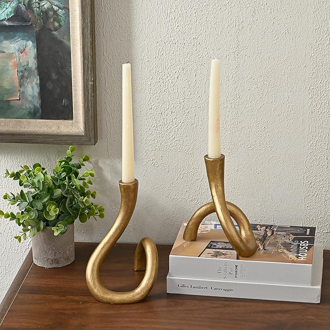 Gold Cast Iron Taper Candle Holder, Candlestick Holder Decorative, Gift Tapered Candle Holders for Home Decoration, Bedroom, Dinning, Mantel, Kitchen, Party, Set of 2