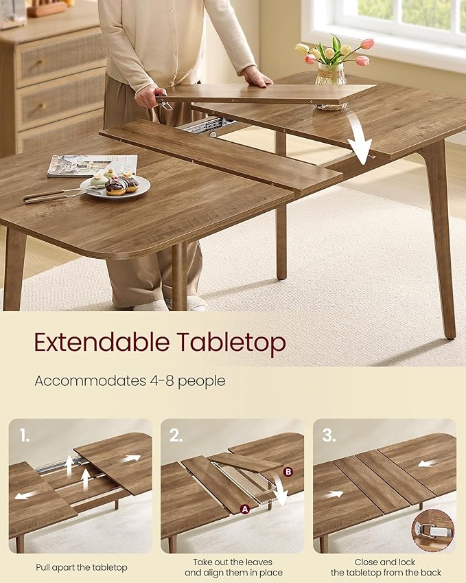 VASAGLE MAEZO Collection - Extendable Dining Table for 4/6/8, Kitchen Table with Tapered Legs, Curved Transitions, for Dining Room, Kitchen, Home Office, Honey Brown UKDT090K01V1