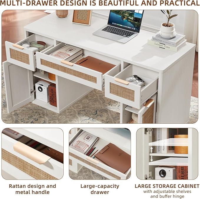 LEYAOYAO Office Desk 56" with 5 Drawers Storage File Cabinet Rattan Wood Desk for Computer Office Bedroom Home Furniture White