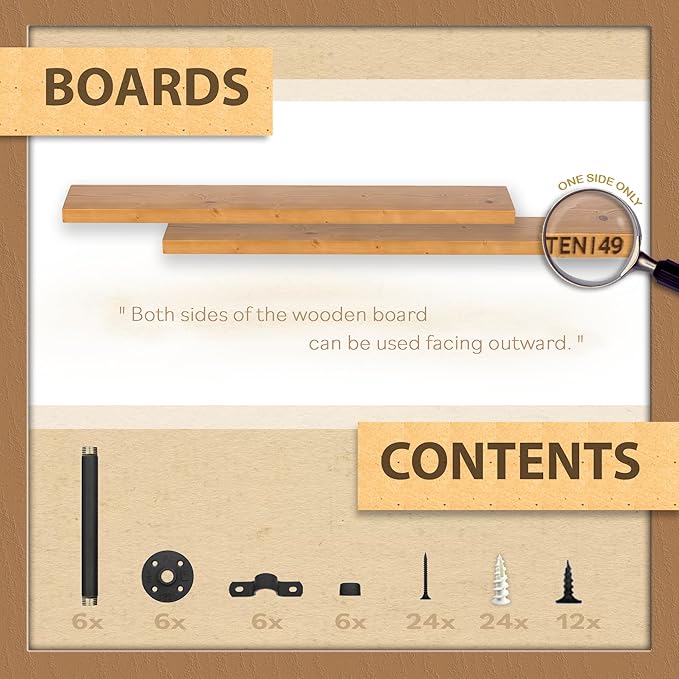 TEN49 Real Wood Rustic Floating Shelves Wall - 48 Wide Small Wooden Industrial Pipe Shelving - Farmhouse Pipe Wall Shelves Furniture Bathroom Decor Art Shelf Kitchen - Light Walnut Color - Set of 2