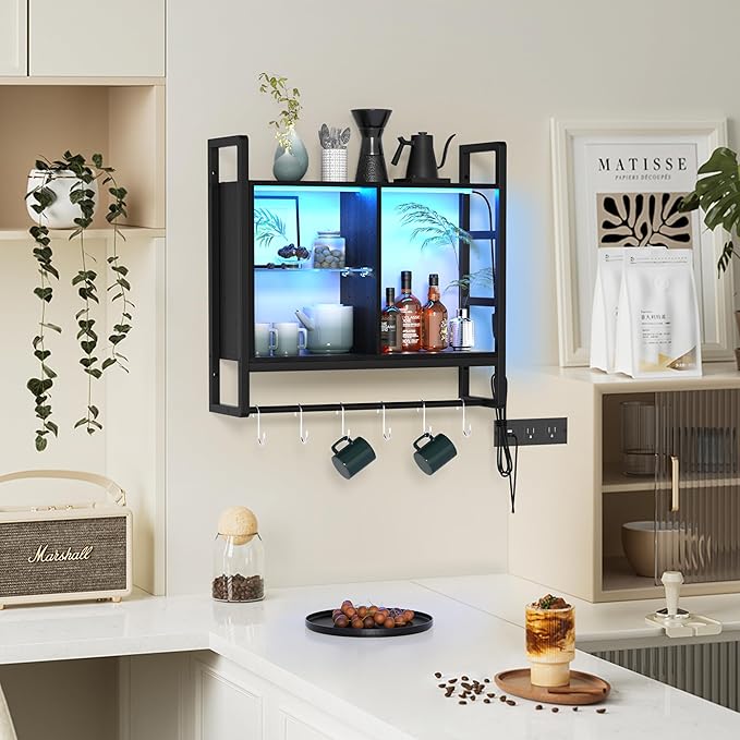 34" LED Wall Mounted Shelf - Gaming Floating Shelves 3 Tier Display Rack with Adjustable Glass Shelf and 6 S-Hook Wood Wall Mounted Shelves for Bathroom Wall Living Room Deco,Walnut Color