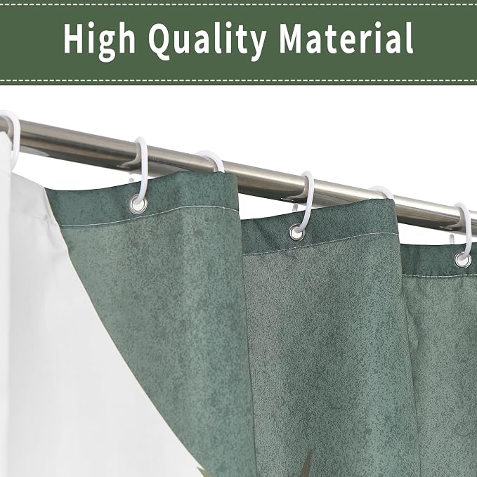 Boho Mid Century Shower Curtain, Green Modern Minimalist Abstract Geometric Gold Plant Leaves Sun Arch Bathroom Curtains Waterproof Fabric Buthtub Curtain Set with Hooks 72" Wx84 L