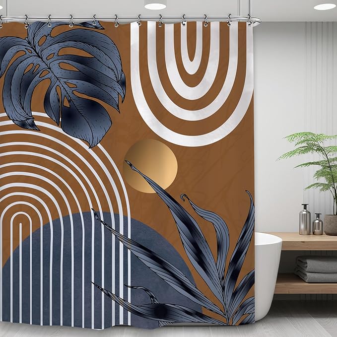 Yookeb Abstract Navy Blue Brown Bathroom Shower Curtain 60W by 71H Inch Modern Minimalist Mid Century Plant Leaves Aesthetic Neutral Vintage Contemporary 12 Plastic Hooks Waterproof Decor