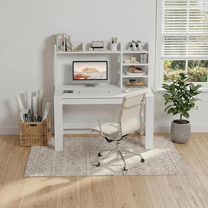 WINAZ White Computer Desk with Hutch and Power Outlet - 43 Inch Small Space Study Writing Table with Storage Shelves Monitor Stand, Modern Home Office Workstation Desks for Bedroom, Easy Assembly