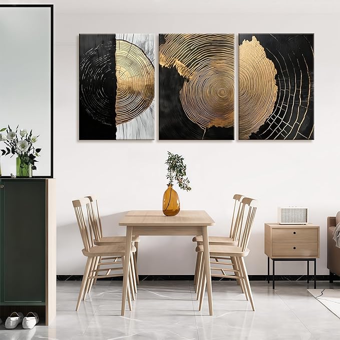 3Pcs Framed Minimalist Abstract Black Golden Canvas Wall Art Vintage Tree Ring Wall Decor Pictures Modern Rustic Posters Prints for Living Room Office Hallway Home Decoration 16x24in Ready to Hang