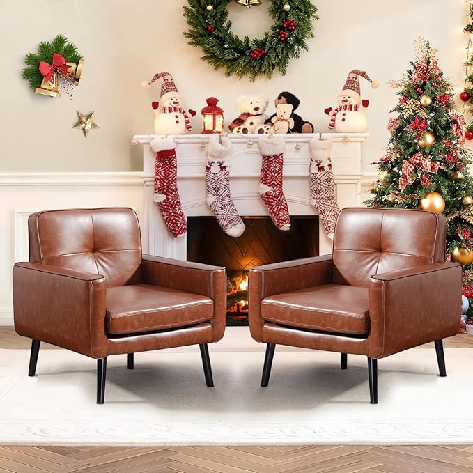 Vogue Furniture Direct Accent Chair Set of 2, PU Leather Modern Chair with Wooden Frame, Cozy Armchair Reading Chair with Comfy Back for Apartment, Living Room, Bedroom, Small Space, Corner, Brown