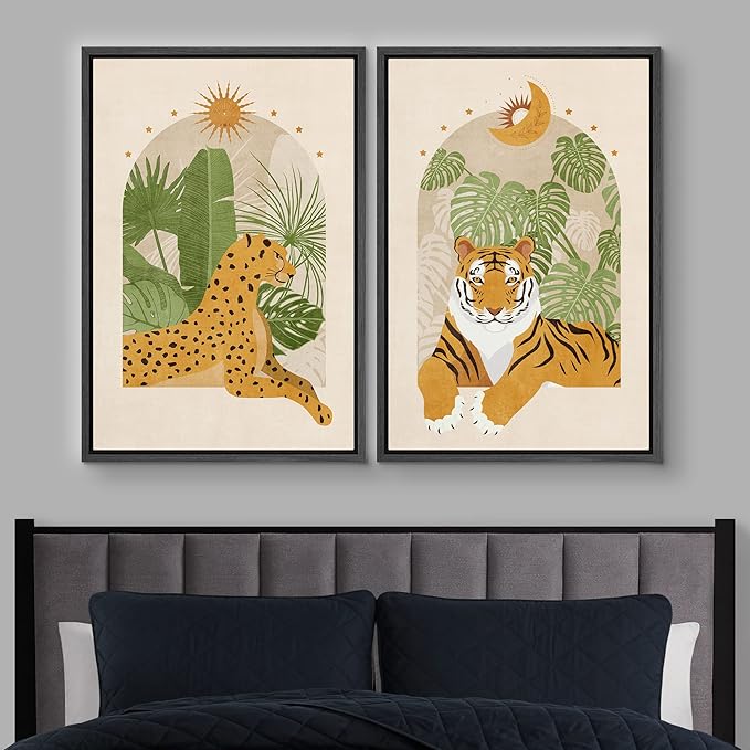 IDEA4WALL Framed Canvas Print Wall Art Set Indian Bengal Tiger Tropical Monstera Jungle Nature Wilderness Digital Art Modern Art Decorative Animal for Living Room, Bedroom, Office - 24"x36"x2 Black
