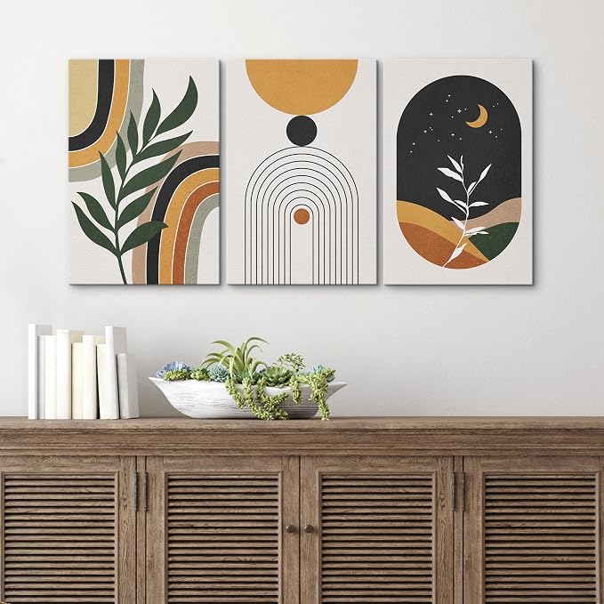 wall26 Canvas Print Wall Art Set Boho Mid-Century Crescent Moon Plant Landscape Nature Abstract Illustrations Modern Art Bohemian Decorative for Living Room, Bedroom, Office - 24"x36" x 3