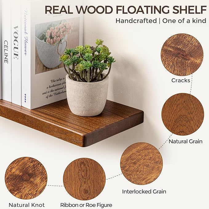 Fun Memories 40 Inch Floating Shelves, Rustic Solid Wood Wall Shelves Set of 2, 8 Inch Deep Floating Shelf for Bathroom, Bedroom, Heavy-Duty Wooden Shelf Wall-Mounted for Home Decor & Storage