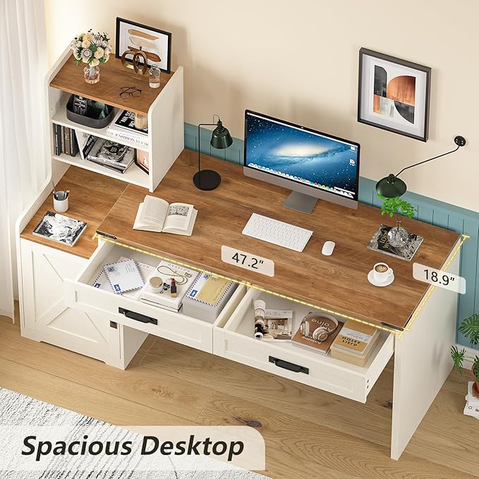 60'' Farmhouse Computer Desk with Drawers, Home Office Desk with Bookcase, Vanity Desk Writing Study Table with Storage, Antique White