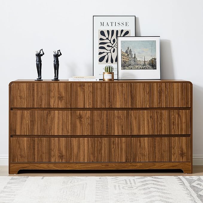 MERRYBERRY Fluted Dresser for Bedroom with 9 Drawers,63" Wide Modern Chest of Drawers with Curved Profile & Deep Drawer,Large Wood TV Dresser for Bedroom Living Room