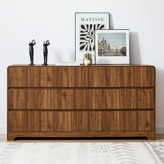 MERRYBERRY Fluted Dresser for Bedroom with 9 Drawers,63" Wide Modern Chest of Drawers with Curved Profile & Deep Drawer,Large Wood TV Dresser for Bedroom Living Room