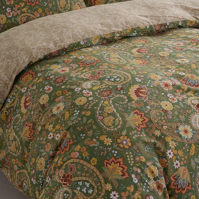 Cozeline 100% Cotton Duvet Cover King Size, Green Paisley Pattern Bedding Set with Zipper Closure, 3 Pcs Bohemian Breathable and Soft Duvet Cover for All Season