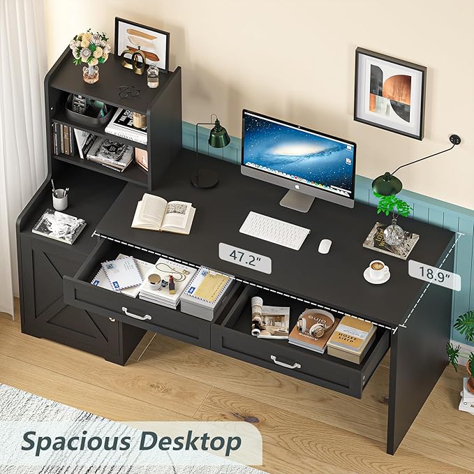 60" Computer Desk with 2 Drawer & Bookshelves, Home Office Desk with Storage Cabinet & Spacious Desktop, Writing Gaming Study Table with Bookcase, Black