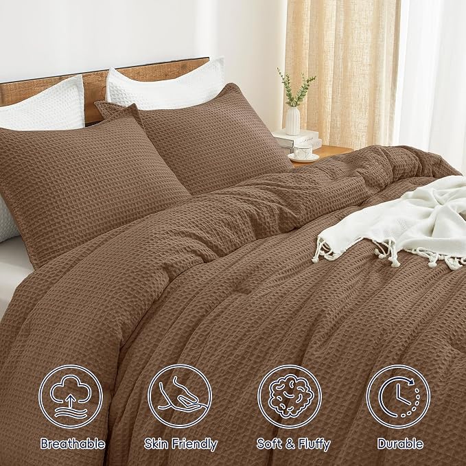 PHF Ultra Soft Waffle Weave Comforter Set King Size, 3 Pieces Lightweight Breathable Comfy Bedding Set, Comfy Textured 1 Comforter with 2 Pillow Shams, Mocha