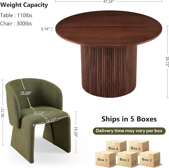 NORDICANA 5-Piece Round Dining Table Set for 4, Rustic 47-Inch Kitchen Table and Chair Set, Dining Set with Dark Green Upholstered Armchairs, Manufactured Wood Top with Walnut Veneer