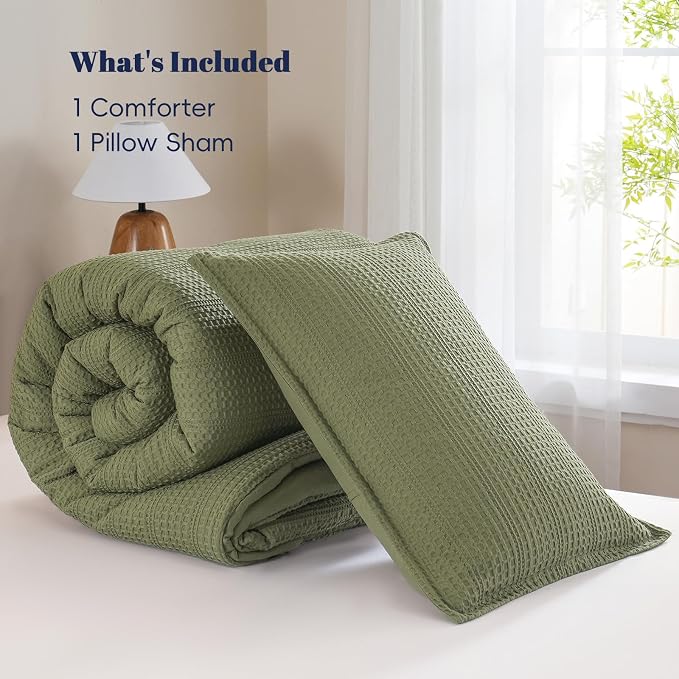 PHF Soft Waffle Comforter Set Twin Size- Comfy Breathable Waffle Weave Comforter with 1 Pillow Shams, 2 Pieces Less Snagging Lightweight Textured Bedding Set for All Season, Olive Green