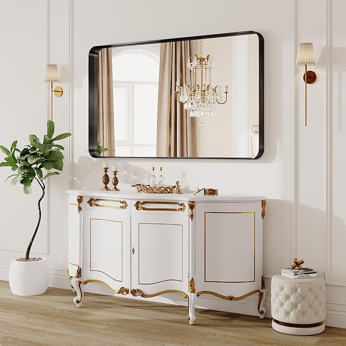 55X36 Inch Black Metal Framed Bathroom Mirror for Wall, Matte Vanity Mirror Farmhouse for Over Sink, Large Rounded Rectangle Mirror, Anti-Rust, Shatter-Proof, Hangs Horizontally or Vertically