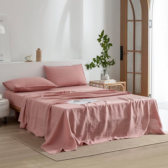 EVERLY Linen Twin Sheets Set, 100% Stonewashed French Linen Bed Sheets Deep Pocket Sheets, 3 Pieces (1 Flat Sheet, 1 Fitted Sheet, 1 Pillowcase) Natural Flax Bedding Set,Pink