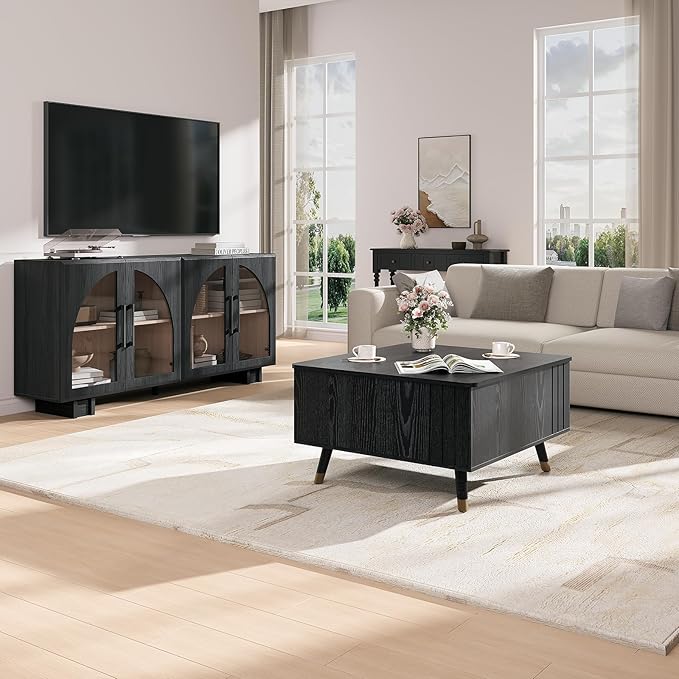 32" Square Lift Top Coffee Table with Storage, Modern Black Center Table for Living Room, Minimalist Wood Cocktail Table with Rising Desktop, Home Office