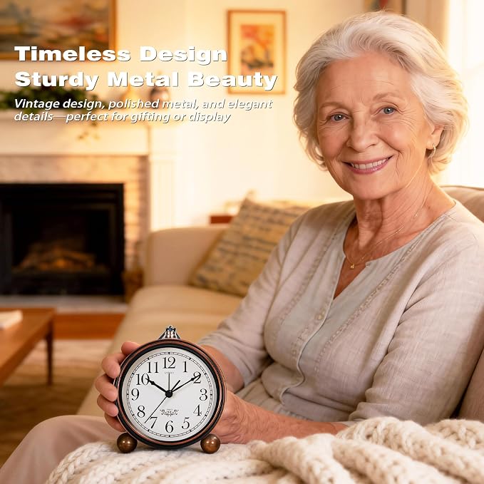 AYRELY® 5.3" Vintage Analog Alarm Clock, Battery Operated Metal Desk Clock, Retro Table Clock with Light for Living Rooms, Bedrooms, Shelf, Home Decor (Black)