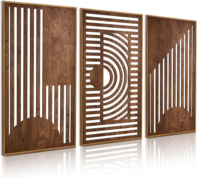 TOARTi Abstract Geometric Framed Wooden Wall Art Decor(16"x32"x3pcs), Large Vintage Mid Century Rectangle Wall Sculptures, Rustic Minimalist Geometry Artwork for Home Bedroom Living Room