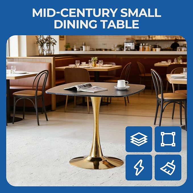 31.5 Inch Black and Golden Square Dining Table for 2-4 Person,Mid-Century Black Tulip Table Kitchen Dining Table with MDF Tabletop and Pedestal Base for Home Kitchen