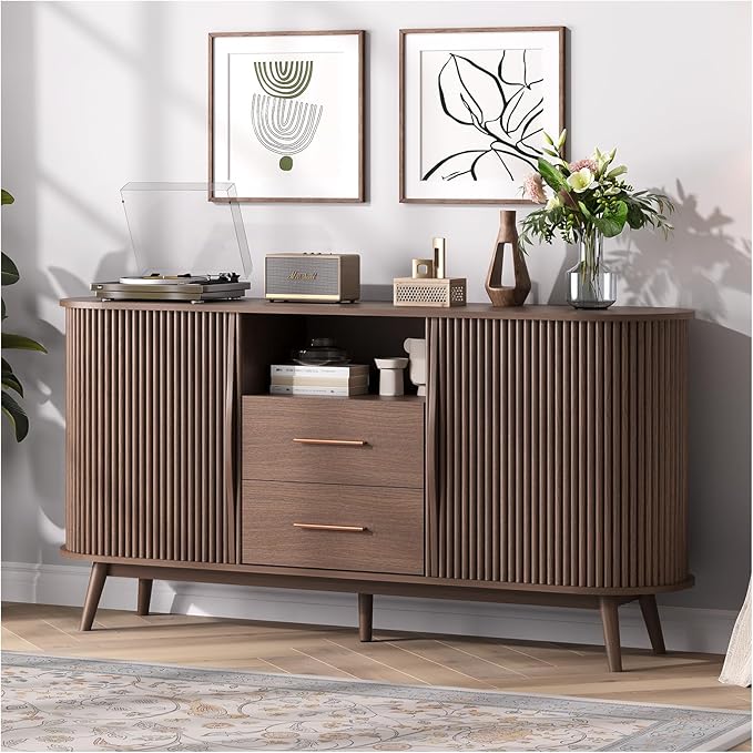 63" Sideboard Buffet Cabinet with Sliding Tambour Doors, Mid-Century Modern Accent Cabinet with Drawers & Solid Wood Legs, Fluted Storage Cabinet for Living Room, Dining Room, Walnut