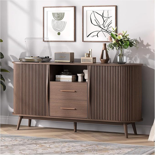 63" Sideboard Buffet Cabinet with Sliding Tambour Doors, Mid-Century Modern Accent Cabinet with Drawers & Solid Wood Legs, Fluted Storage Cabinet for Living Room, Dining Room, Walnut