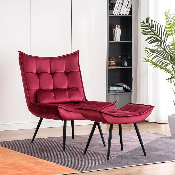 MCombo Accent Chair with Ottoman, Modern Velvet Wingback Lounge Chair, Upholstered Club Chair for Small Space, Living Room & Bedroom 4079 (2, Burgundy)